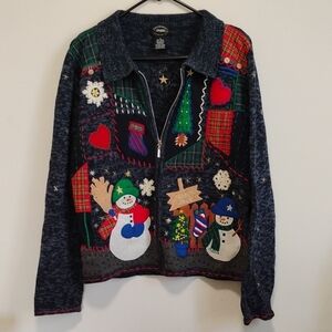 Navy Blue Embroidered Zip-up Ugly Snowmen Christmas Cardigan | Women's M